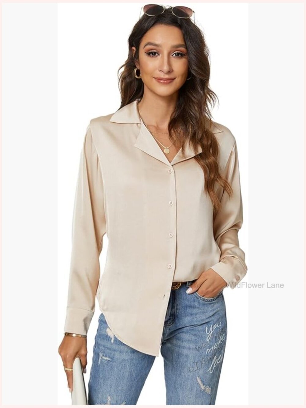 Long Sleeve Satin Button Down Shirt Blouse Work Office Casual